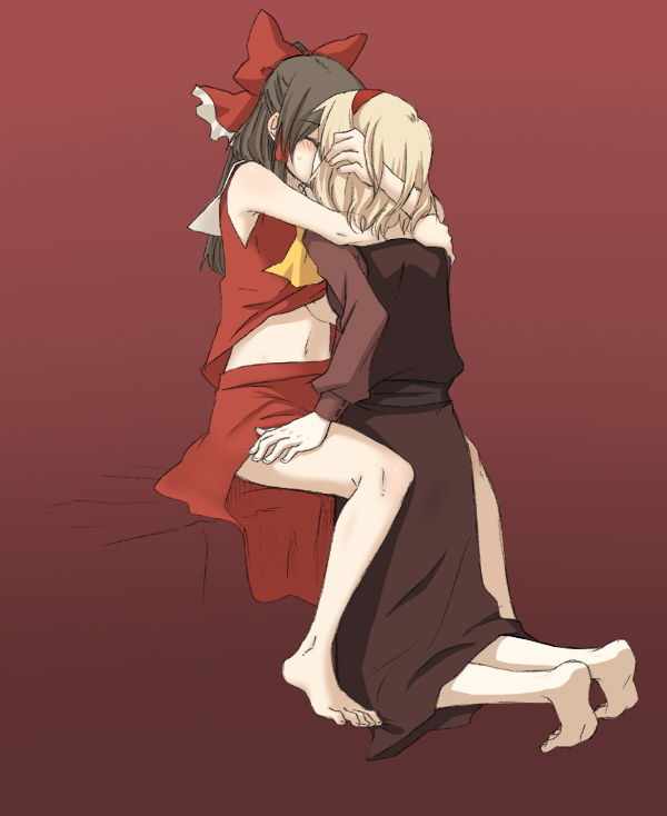 torinone, alice margatroid, hakurei reimu, touhou, 2girls, alternate color, arm support, arms around neck, barefoot, bed, between legs, black hair, blonde hair, feet, female focus, grabbing another's breast, groping, hair ribbon, hairband, hand under clothes, hand under shirt, hug, japanese clothes, kiss, kneeling, leg grab, long hair, miko, multiple girls, navel, player 2, ribbon, shirt, short hair, sitting, skirt, sweat, toes, yuri