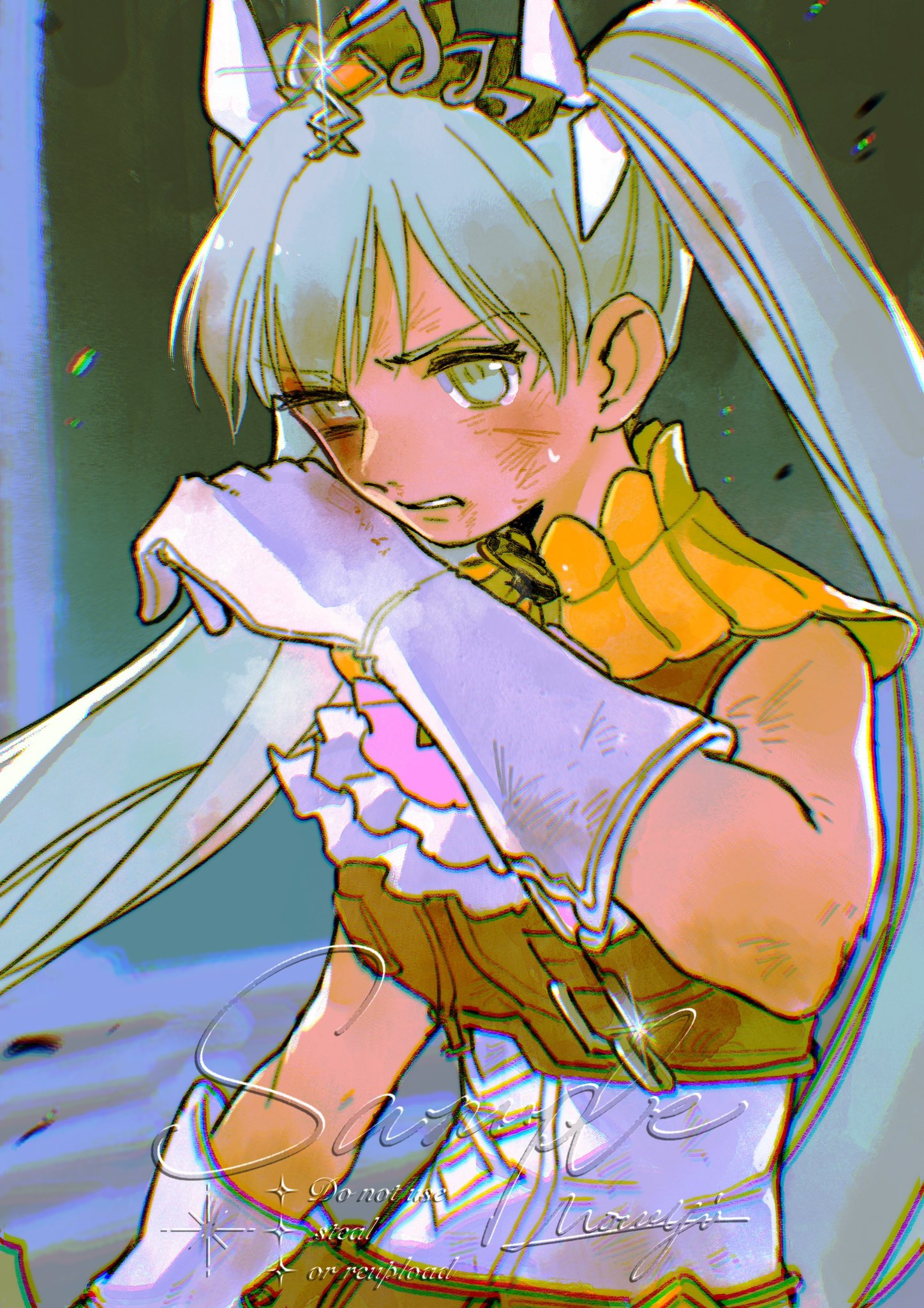 mouyi, frey (rune factory), rune factory, rune factory 4, highres, 1girl, aqua eyes, aqua hair, artist name, ascot, breasts, brown vest, cropped vest, dirty, dirty clothes, dirty face, dress, furrowed brow, gloves, hair ribbon, headpiece, long hair, medium breasts, parted lips, ribbon, sample watermark, sleeveless, sleeveless dress, solo, twintails, upper body, vest, watermark, white ascot, white dress, white gloves, white ribbon, wiping face