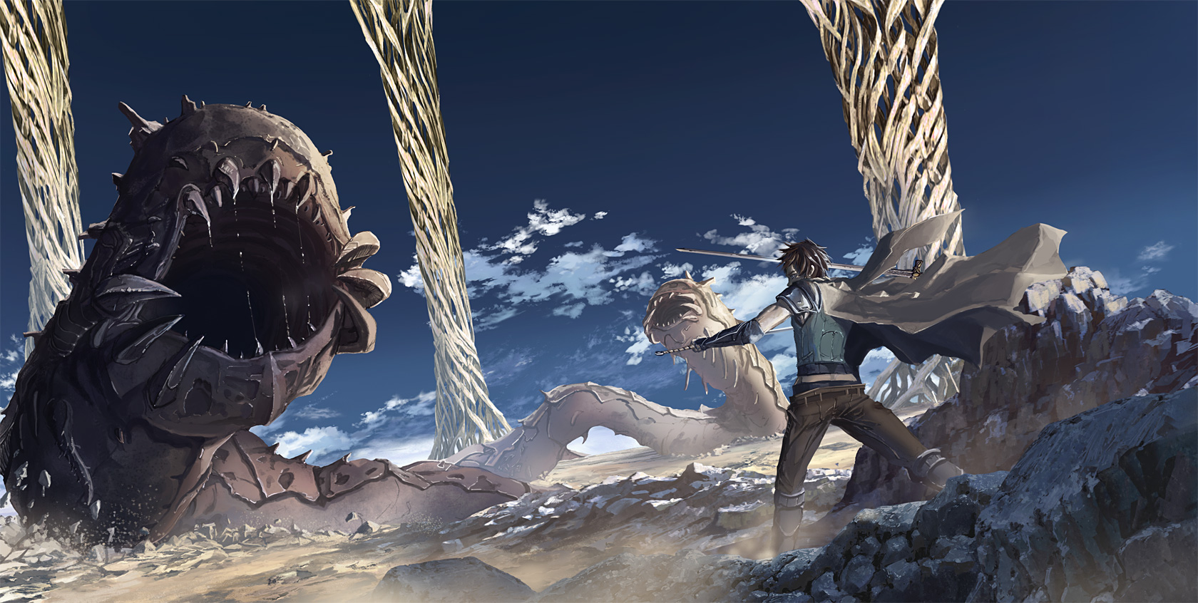katou taira, bad id, bad pixiv id, highres, 1boy, armor, belt, blue sky, broken ground, brown hair, cape, cloud, day, desert, dual wielding, elbow gloves, fantasy, fingerless gloves, from behind, gloves, greaves, holding, landscape, male focus, monster, outdoors, pants, pauldrons, rock, scenery, short sleeves, shoulder armor, sky, solo, sword, vambraces, vest, weapon, wyrm