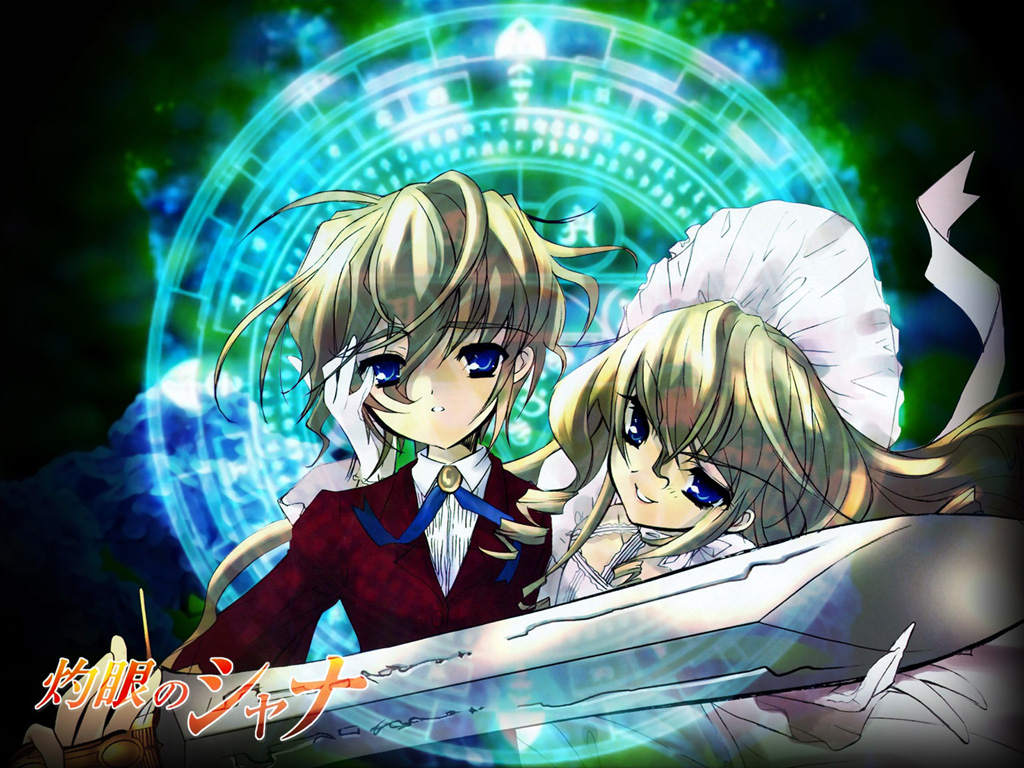 sorath, tyrael (shakugan no shana), shakugan no shana, non-web source, 00s, blonde hair, blue eyes, brother and sister, dress, gloves, long hair, magic circle, short hair, siblings, siddham, sword, weapon