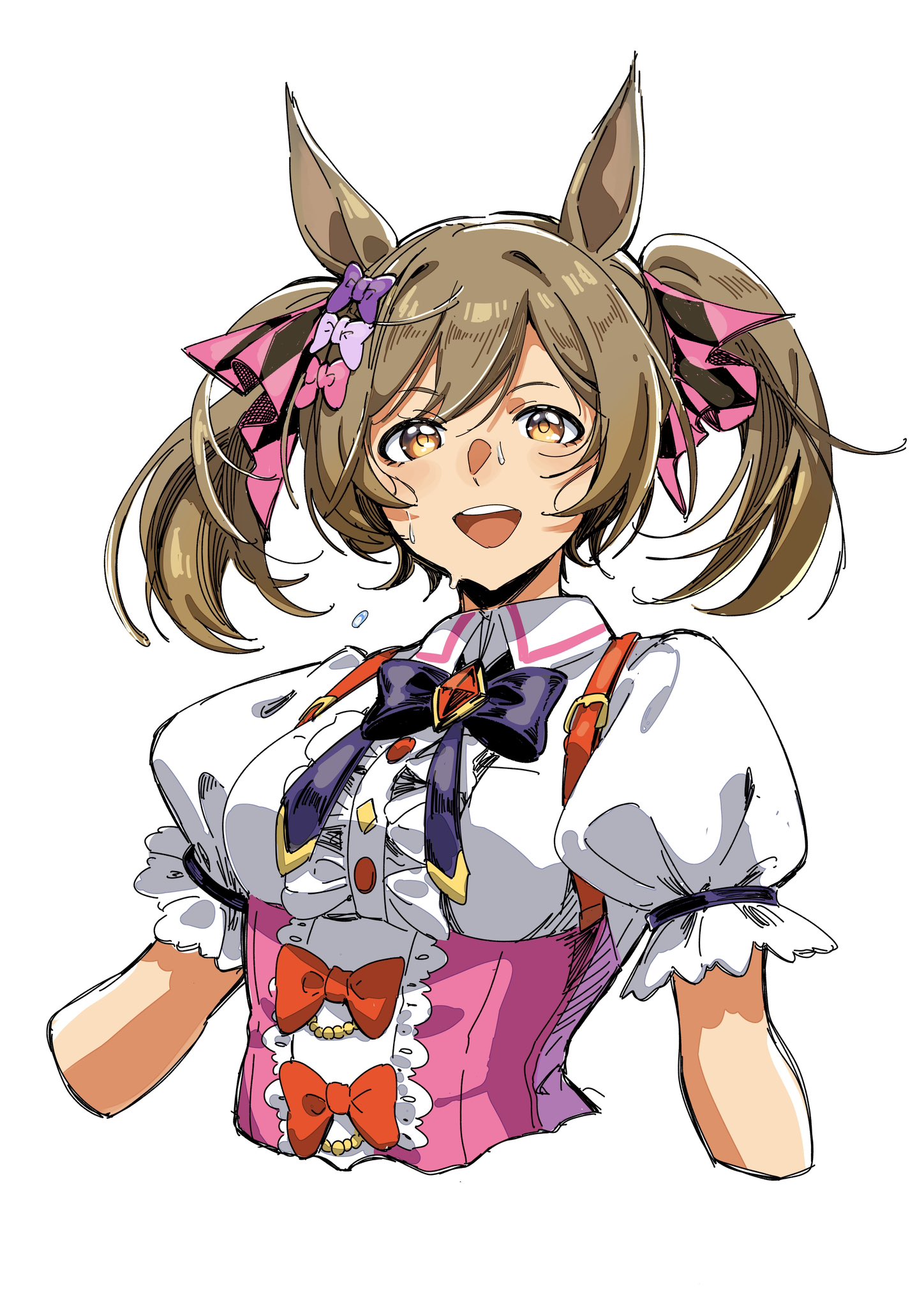 ohayonabeno, smart falcon (love 4ever) (umamusume), smart falcon (umamusume), umamusume, highres, 1girl, animal ears, argyle bow, blush, bow, breasts, brown eyes, brown hair, ear ornament, ear scrunchie, hair between eyes, hair bow, hair ornament, horse ears, horse girl, horseshoe ornament, looking at viewer, medium hair, multiple hair bows, open mouth, pink bow, purple bow, shirt, smile, solo, twintails