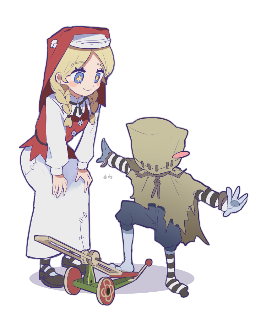 nt 26, robbie (identity v), identity v, 1boy, 1girl, anne lester, bag over head, black ribbon, black sandals, blonde hair, blue eyes, blush stickers, braid, colored skin, flower in eye, grey skin, height difference, looking at another, looking down, red veil, ribbon, sandals, shirt, single sock, skirt, smile, socks, striped clothes, striped shirt, striped socks, symbol in eye, twin braids, veil, white skirt