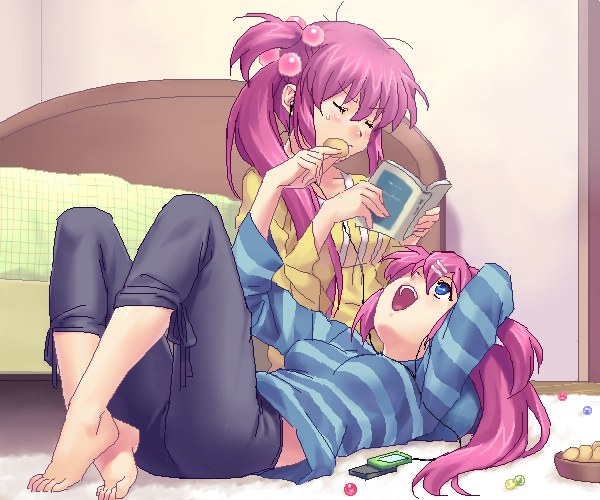 zen, futaki kanata, saigusa haruka, little busters!, 2girls, barefoot, book, cellphone, earbuds, earphones, feet, hair bobbles, hair ornament, hairclip, long hair, marble (toy), multiple girls, phone, purple hair, siblings, side ponytail, sisters