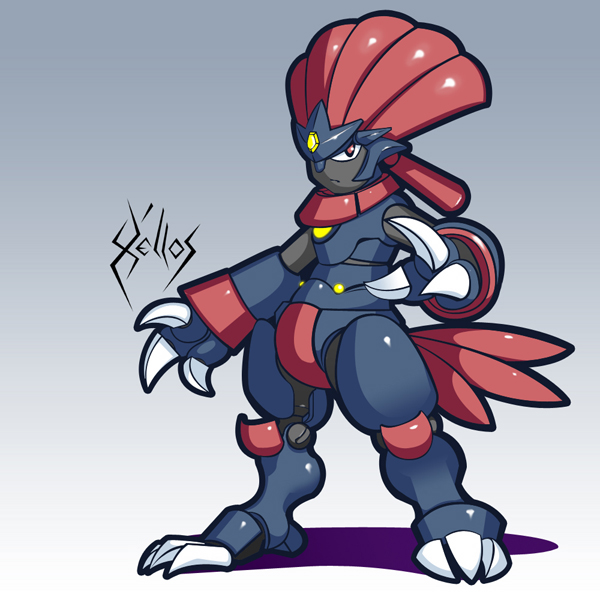x'ellos, weavile, nintendo, pokemon, armor, claws, closed mouth, clothed pokemon, costume, full armor, gen 4 pokemon, grey background, helmet, looking at viewer, no humans, pokemon (creature), red eyes, signature, simple background, solo, standing