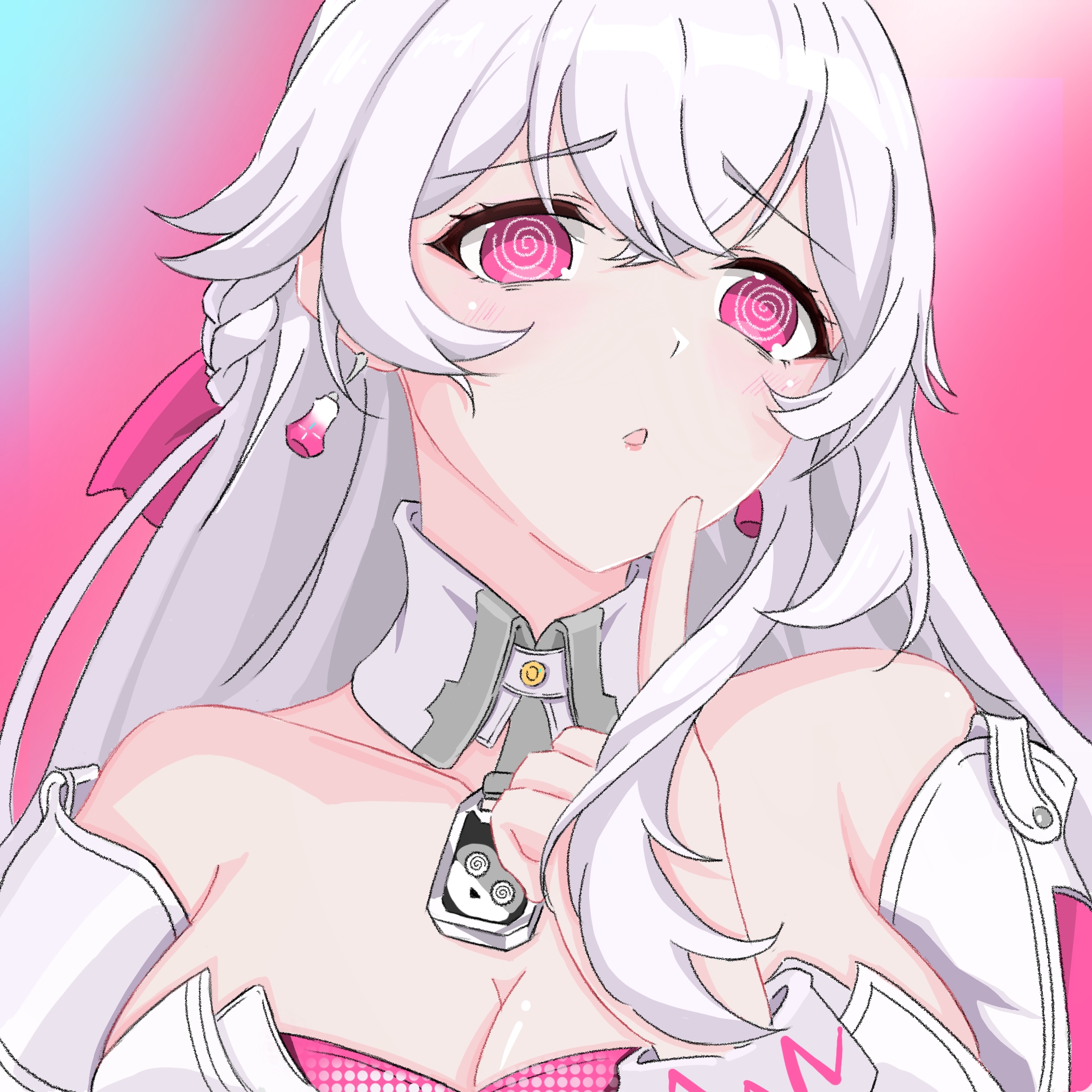 br-mk-ix, celestia (heart mender) (strinova), celestia (strinova), strinova, highres, 1girl, :o, @ @, bare shoulders, blush, braid, breasts, cleavage, collarbone, detached collar, earrings, finger to own chin, jewelry, large breasts, long hair, looking to the side, off shoulder, official alternate costume, parted lips, pink eyes, side braid, sidelocks, solo, white hair