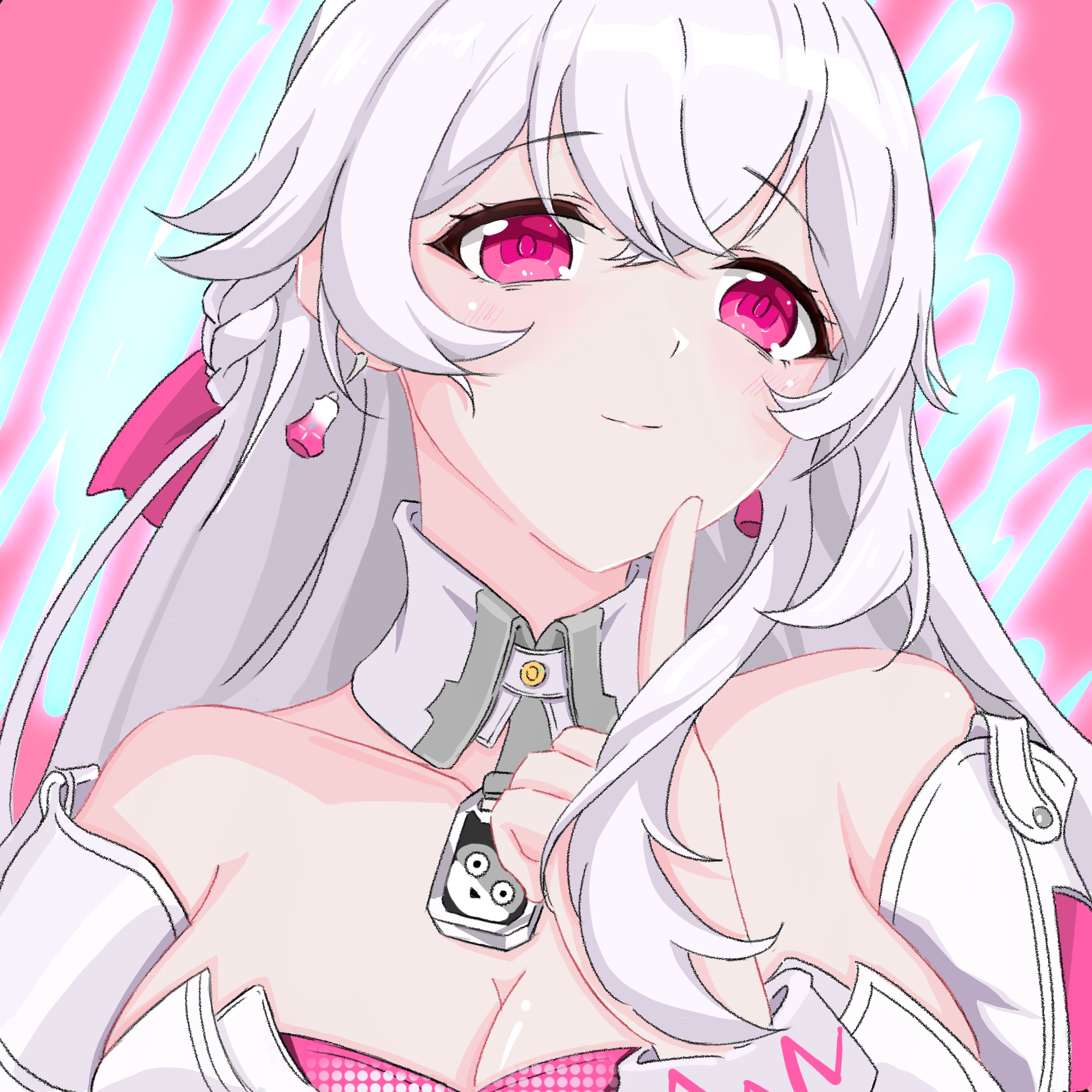 br-mk-ix, celestia (heart mender) (strinova), celestia (strinova), strinova, highres, 1girl, bare shoulders, blush, braid, breasts, cleavage, collarbone, detached collar, earrings, finger to own chin, jewelry, large breasts, long hair, looking to the side, off shoulder, official alternate costume, pink eyes, side braid, sidelocks, solo, white hair