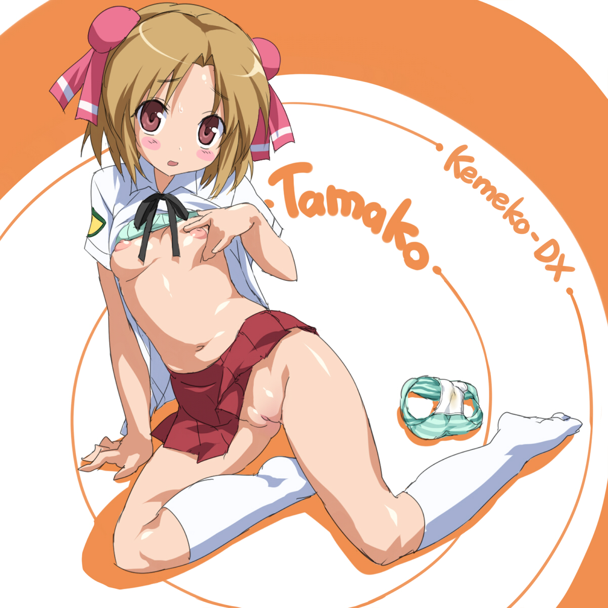 koku, kobayashi tamako, kemeko deluxe, bad id, bad pixiv id, highres, 00s, 1girl, blonde hair, blush, bra, bra lift, breasts, cleft of venus, clothes lift, female focus, flat chest, grabbing another's breast, groping, hair ribbon, inverted nipples, kneehighs, kneeling, lingerie, navel, nipples, no panties, nude, open mouth, panties, petite, puffy nipples, purple eyes, pussy, ribbon, school uniform, shirt lift, short hair, skirt, small breasts, socks, solo, stain, striped clothes, striped panties, sweat, uncensored, underwear, undressing, unworn panties