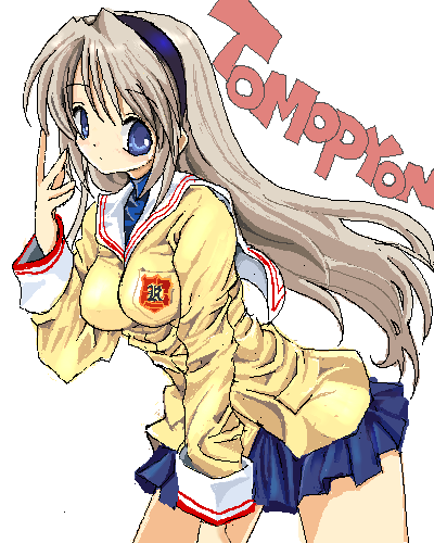 toshi (little-fluffy-cloud), sakagami tomoyo, clannad, silver hair, lowres, 00s, blue eyes, hairband, long hair, oekaki, school uniform, serafuku, solo