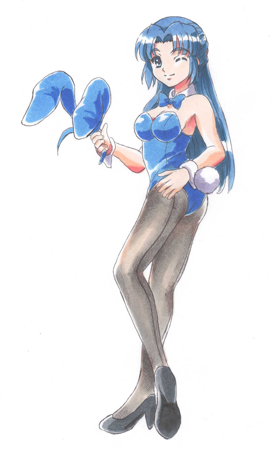 fujita (speedlimit), asakura ryoko, suzumiya haruhi no yuuutsu, highres, 00s, animal ears, blue eyes, blue hair, fake animal ears, high heels, long hair, one eye closed, pantyhose, playboy bunny, rabbit ears, shoes, solo, wink