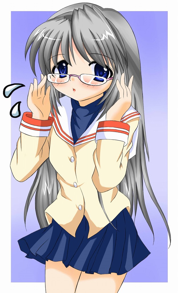 fujieda hiro, sakagami tomoyo, clannad, silver hair, 00s, blue eyes, glasses, hairband, long hair, school uniform, serafuku, solo