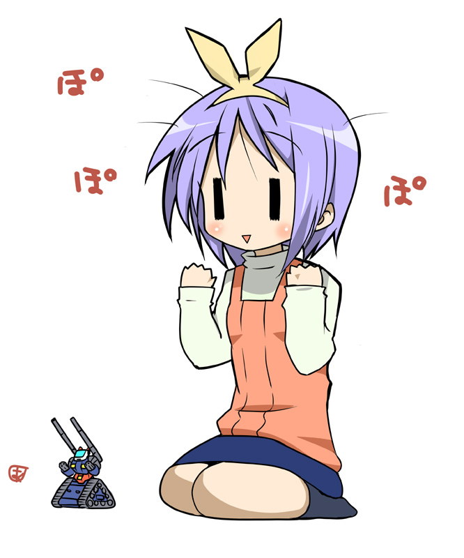 aoi manabu, guntank, hiiragi tsukasa, gundam, lucky star, turret, 00s, 1girl, :d, blue skirt, cannon, female focus, full body, long sleeves, open mouth, seiza, simple background, sitting, skirt, smile, solo, toy, white background, | |