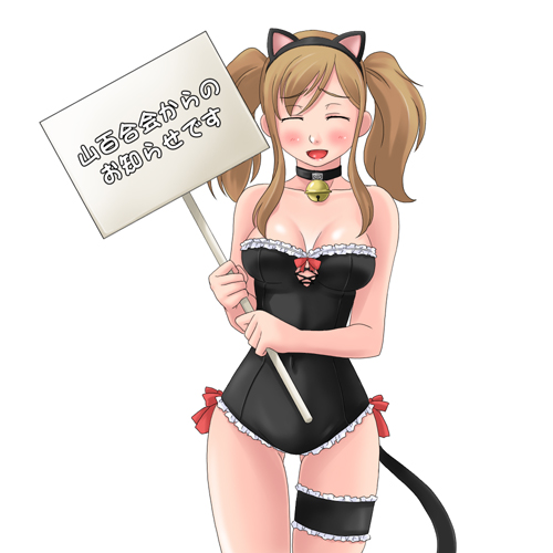 toshifumi, toudou shimako, maria-sama ga miteru, lowres, 00s, 1girl, animal ears, breasts, cat ears, cleavage, female focus, holding, holding sign, medium breasts, sign, solo