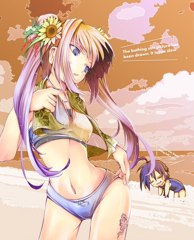 ushi niku, hiiragi kagami, izumi konata, lucky star, 00s, 2girls, beach, bikini, english text, engrish text, flower, long hair, multiple girls, ocean, ranguage, sunflower, swimsuit, twintails