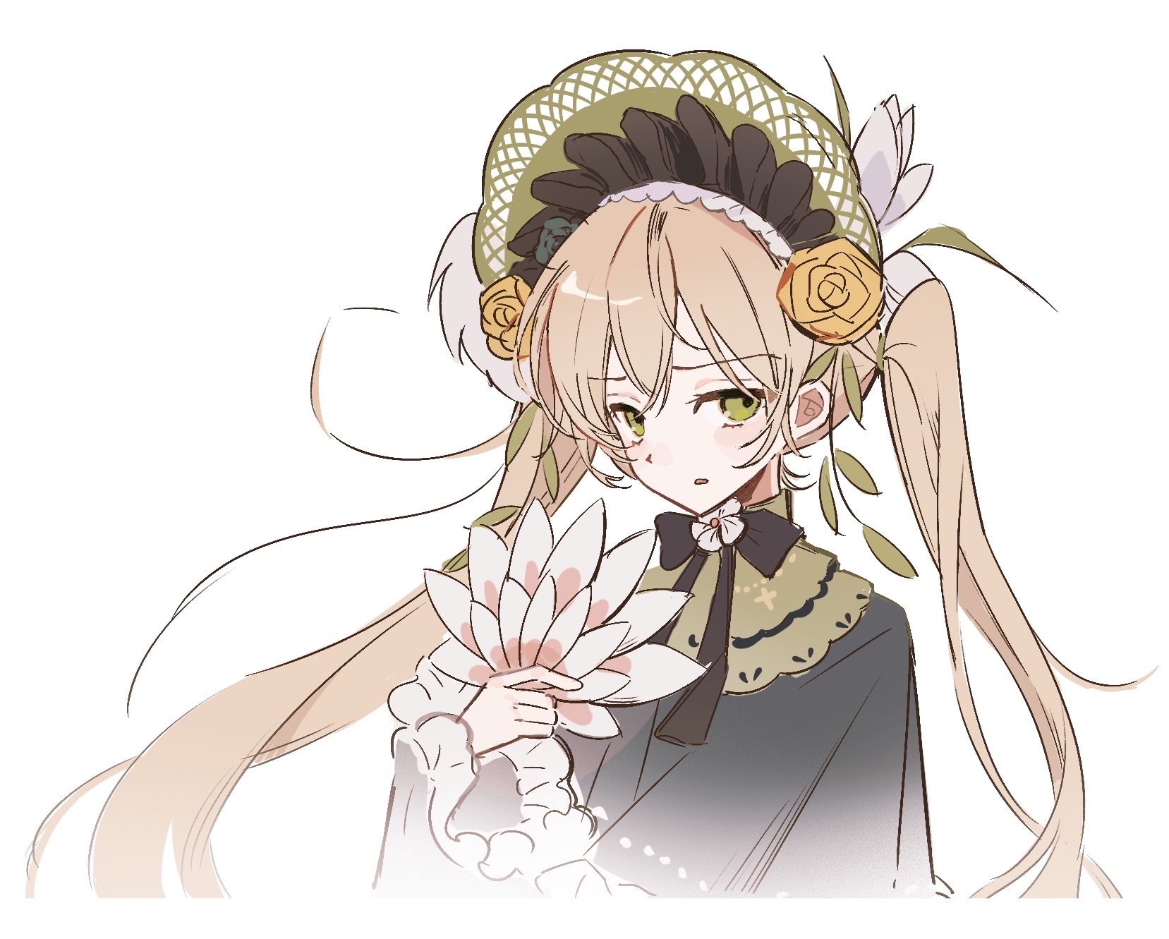toono hanna, mahou shoujo no majo saiban, chinese commentary, commentary request, highres, 1girl, blonde hair, bonnet, flower, green eyes, green ribbon, hair flower, hair ornament, hand fan, lolita fashion, long hair, looking at viewer, magical girl, man yue mei migong, neck ribbon, ribbon, simple background, solo, twintails, upper body, white background, white flower
