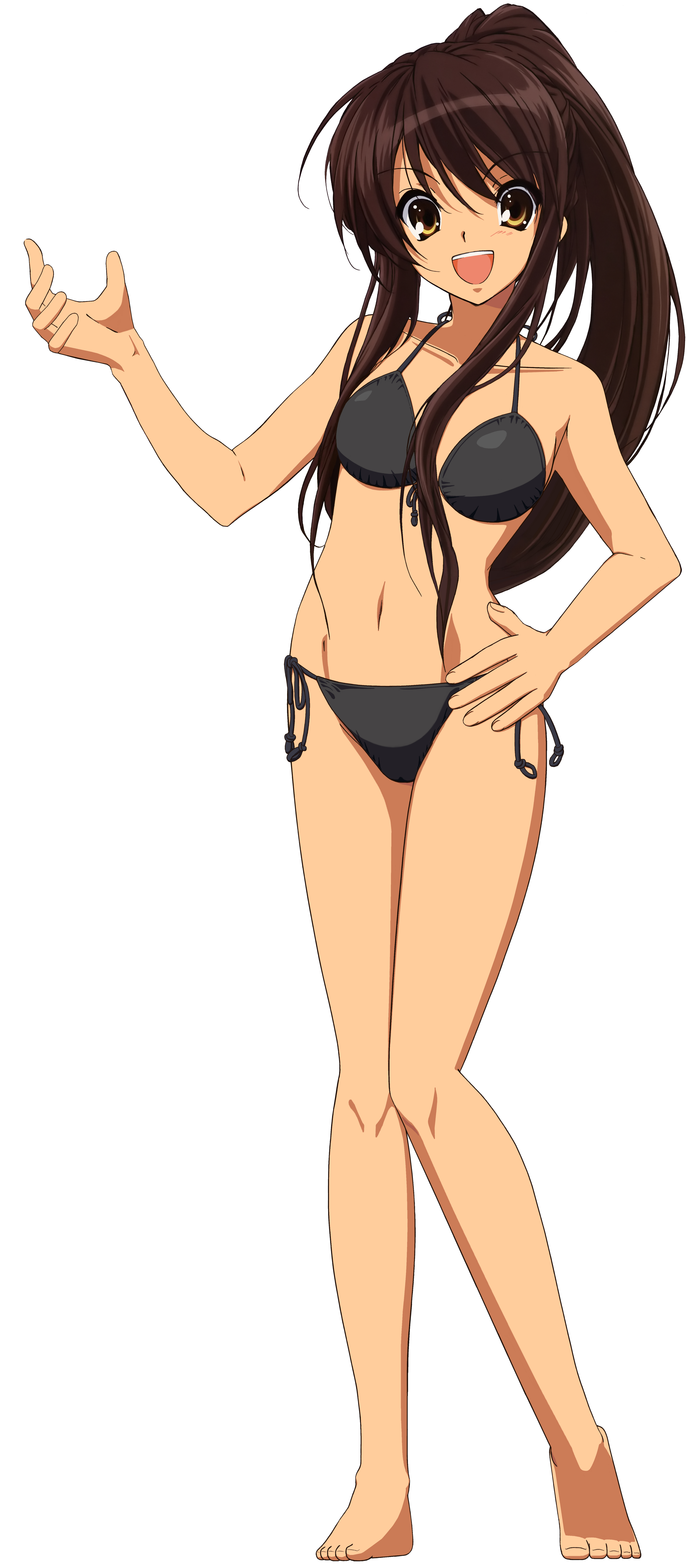 suzumiya haruhi, suzumiya haruhi no yuuutsu, absurdres, highres, non-web source, 00s, 1girl, bad anatomy, bad feet, bad hands, barefoot, bikini, black bikini, breasts, brown eyes, brown hair, feet, female focus, full body, long hair, side-tie bikini bottom, simple background, solo, swimsuit