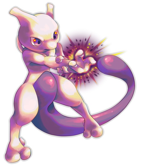 hinekure, mewtwo, nintendo, pokemon, closed mouth, full body, gen 1 pokemon, holding own arm, legendary pokemon, no humans, outstretched arm, pokemon (creature), purple eyes, simple background, solo, standing, white background