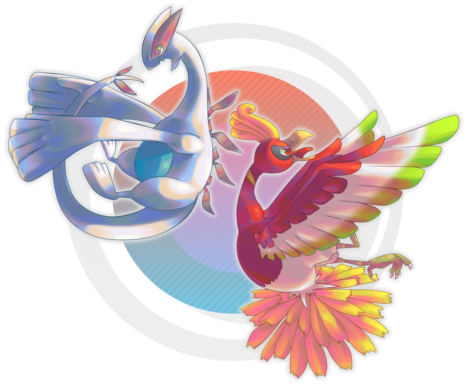 hinekure, ho-oh, lugia, nintendo, pokemon, pokemon gsc, 1990s (style), animal focus, bird, gen 2 pokemon, legendary pokemon, no humans, pokemon (creature), retro artstyle, simple background, tail, wings