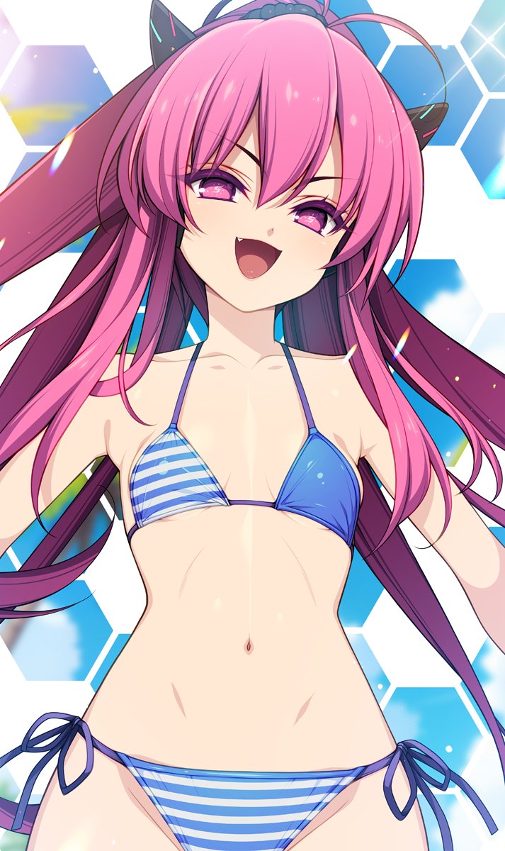 kinoshita ichi, grace (sound voltex), bemani, sound voltex, highres, 1girl, bikini, blue bikini, fang, flat chest, long hair, looking at viewer, navel, pink eyes, pink hair, ponytail, smile, solo, striped bikini, striped clothes, swimsuit, very long hair