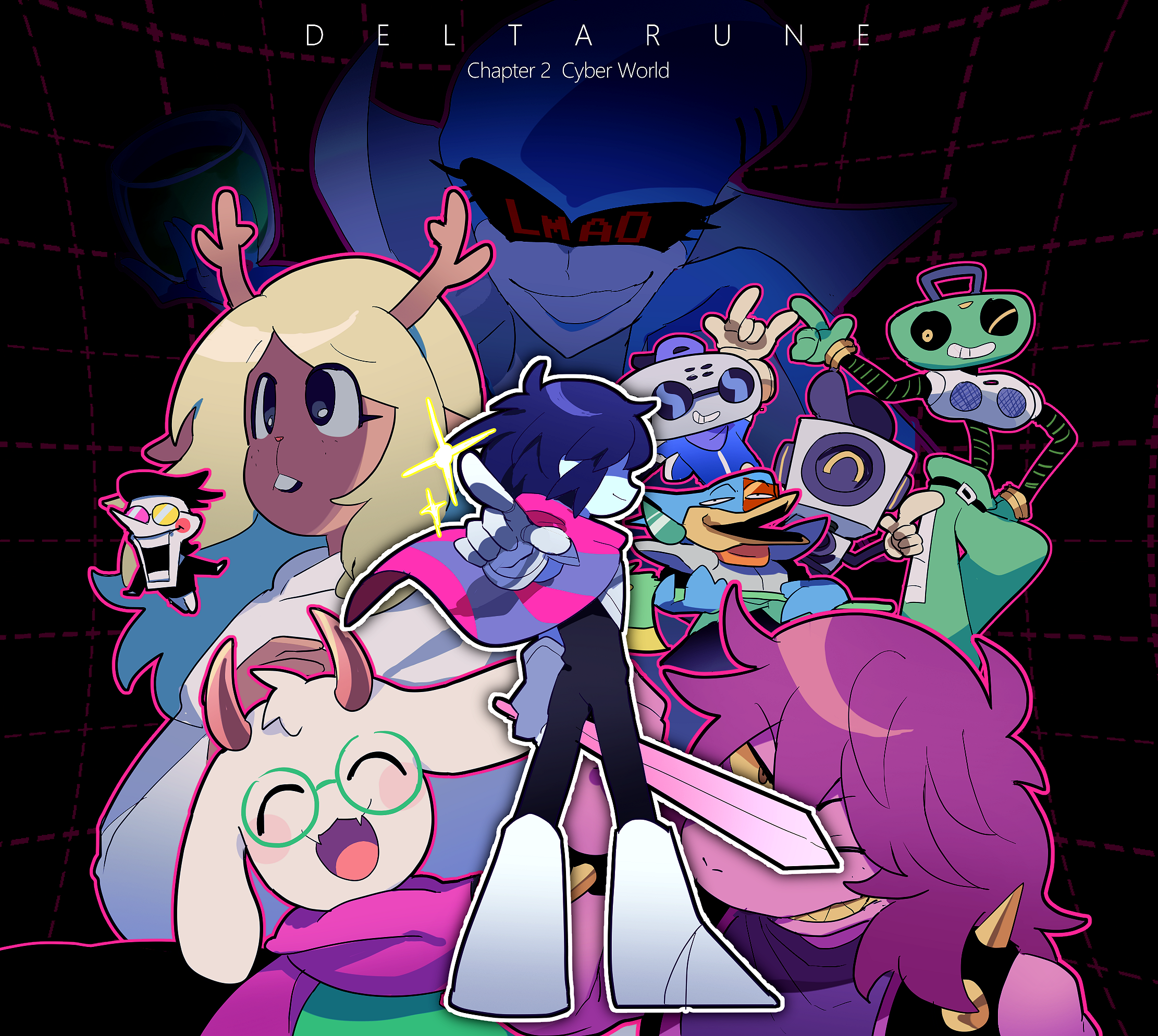 nt 26, berdly (dark world) (deltarune), berdly (deltarune), cap'n (deltarune), k k (deltarune), kris (dark world) (deltarune), kris (deltarune), noelle holiday, queen (deltarune), ralsei, spamton g. spamton, susie (dark world) (deltarune), susie (deltarune), sweet (deltarune), deltarune, utdr (toby fox), highres, 1other, 3girls, 6+boys, antlers, backwards hat, blonde hair, blue hair, blue lips, blush stickers, bracelet, closed eyes, colored skin, colored teeth, deer girl, floating cape, goat boy, green-framed eyewear, hair over eyes, hat, holding, holding sword, holding weapon, horns, jewelry, long hair, looking ahead, looking at viewer, medium hair, multiple boys, multiple girls, noelle holiday (dark world), obscured eyes, one eye closed, pink scarf, pointing, pointing at viewer, purple hair, purple skin, robot, round eyewear, scarf, sharp teeth, spiked bracelet, spikes, sunglasses, sword, teeth, weapon, yellow teeth