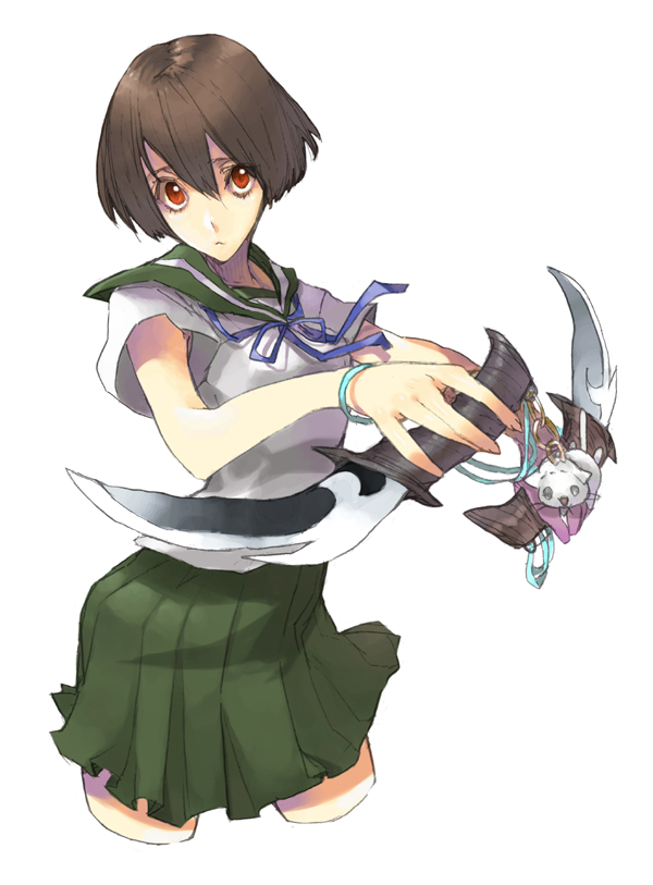 amamiya ten'ya, original, 1girl, armpit peek, brown hair, female focus, knife, red eyes, reverse grip, school uniform, serafuku, short hair, skirt, solo