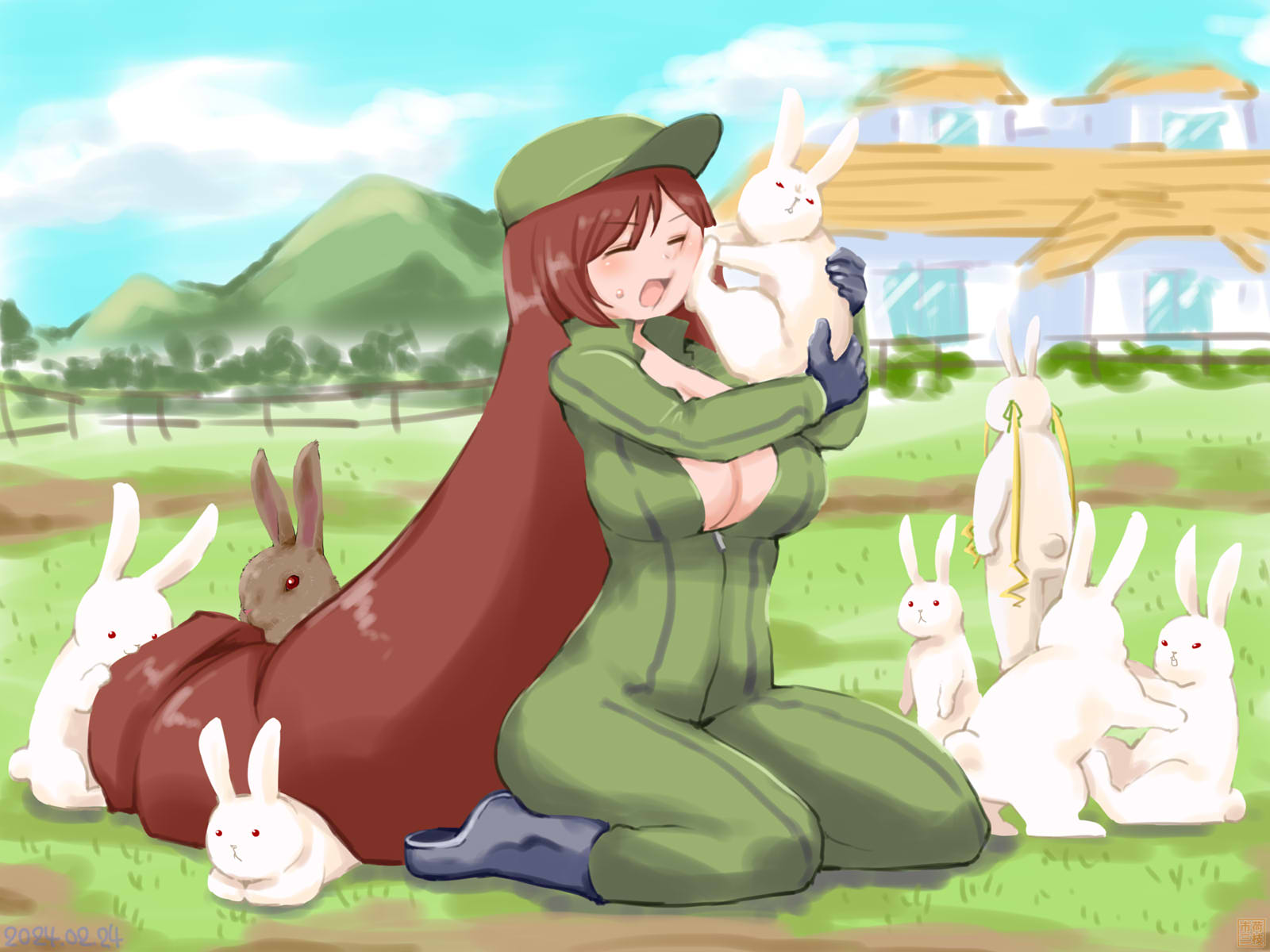 itini-sanshi, shinku, suiseiseki, rozen maiden, commentary request, highres, 1girl, alternate breast size (larger), alternate costume, animal, black boots, black gloves, blue sky, bodysuit, boots, breasts, brown hair, cleavage, closed eyes, cloud, full body, gloves, green bodysuit, green hat, hat, holding, holding animal, holding rabbit, house, large breasts, long hair, open mouth, outdoors, rabbit, seiza, sitting, sky, solo, very long hair