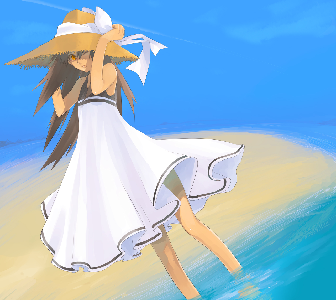 amamiya ten'ya, original, brown hair, dress, hat, long hair, ribbon, solo
