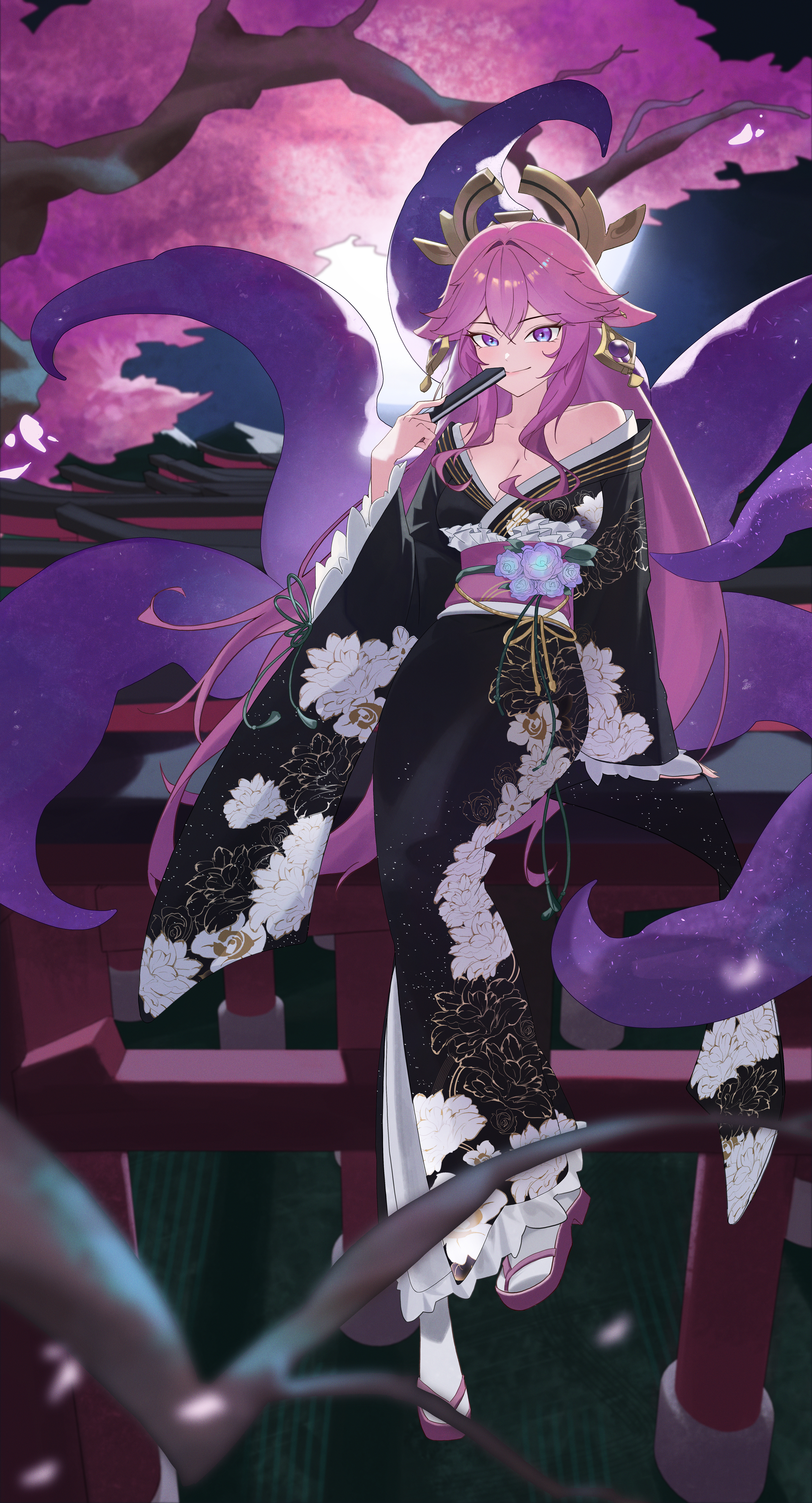 yae miko, genshin impact, absurdres, highres, 1girl, animal ears, black kimono, breasts, cleavage, closed mouth, collarbone, evelyn (evelyn s072), folded fan, folding fan, fox ears, fox girl, fox tail, hair between eyes, hair ornament, hand fan, holding, holding fan, japanese clothes, kimono, kitsune, long hair, long sleeves, looking at viewer, medium breasts, multiple tails, pink hair, purple eyes, sandals, smile, socks, solo, tail, white socks, wide sleeves