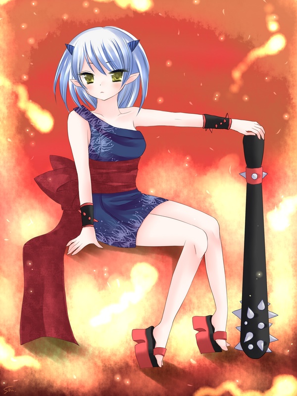 soumoto mina, blue oni, club (weapon), demon girl, horns, japanese clothes, oni, solo, weapon, white hair, yellow eyes