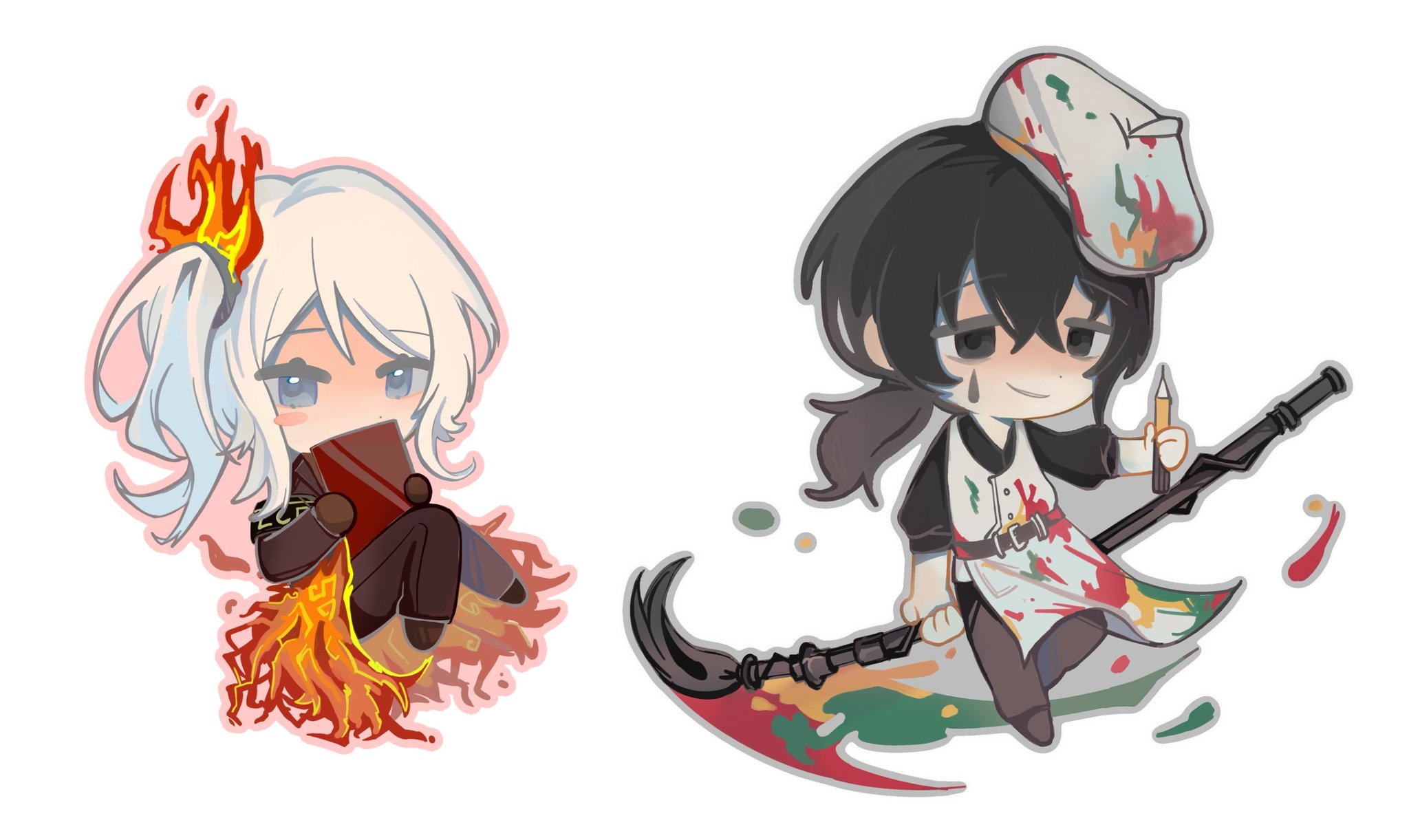 faust (project moon), yi sang (project moon), limbus company, project moon, highres, 1boy, 1girl, apron, ardor blossom star (e.g.o), beret, black eyes, black hair, black pants, black shirt, blue eyes, blush stickers, brown gloves, brown jacket, chibi, clipboard, e.g.o (project moon), fiery clothing, fire, fire hair ornament, full body, gloves, grey pants, hat, holding, holding clipboard, holding pencil, holding weapon, jacket, lce (identity) (project moon), long sleeves, looking at viewer, low ponytail, paint on clothes, paint stains, pants, pencil, ponytail, ring (identity) (project moon), shirt, short hair, side ponytail, simple background, single blush sticker, standing, teardrop facial mark, vgh3pncsgb22169, weapon, white apron, white background, white hair, white hat