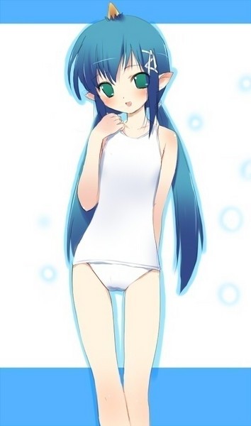 hima, yashahime (momotarou densetsu), momotarou densetsu, 1girl, blue hair, blue oni, demon girl, elf, female focus, flat chest, green eyes, horns, one-piece swimsuit, oni, pointy ears, school swimsuit, single horn, solo, swimsuit, thigh gap, thighs, white one-piece swimsuit, white school swimsuit