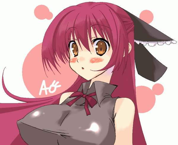 aonagi hayate, 1girl, breasts, female focus, large breasts, long hair, red eyes, red hair, ribbon, solo