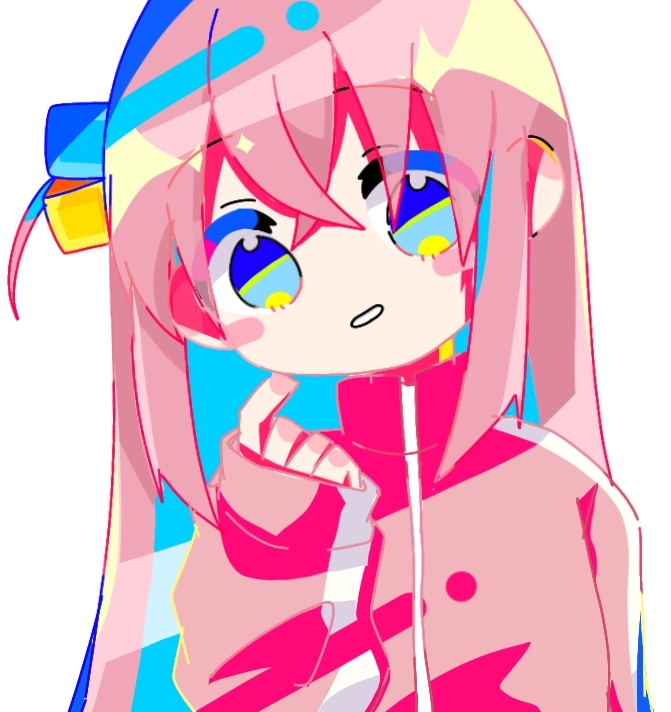 gotoh hitori, bocchi the rock!, 1girl, blue eyes, blush, cube hair ornament, hair between eyes, hair ornament, jacket, long hair, long sleeves, looking at viewer, one side up, open mouth, pink hair, pink jacket, pink track suit, side ahoge, simple background, smile, solo, track jacket, track suit, user mvef5578, white background
