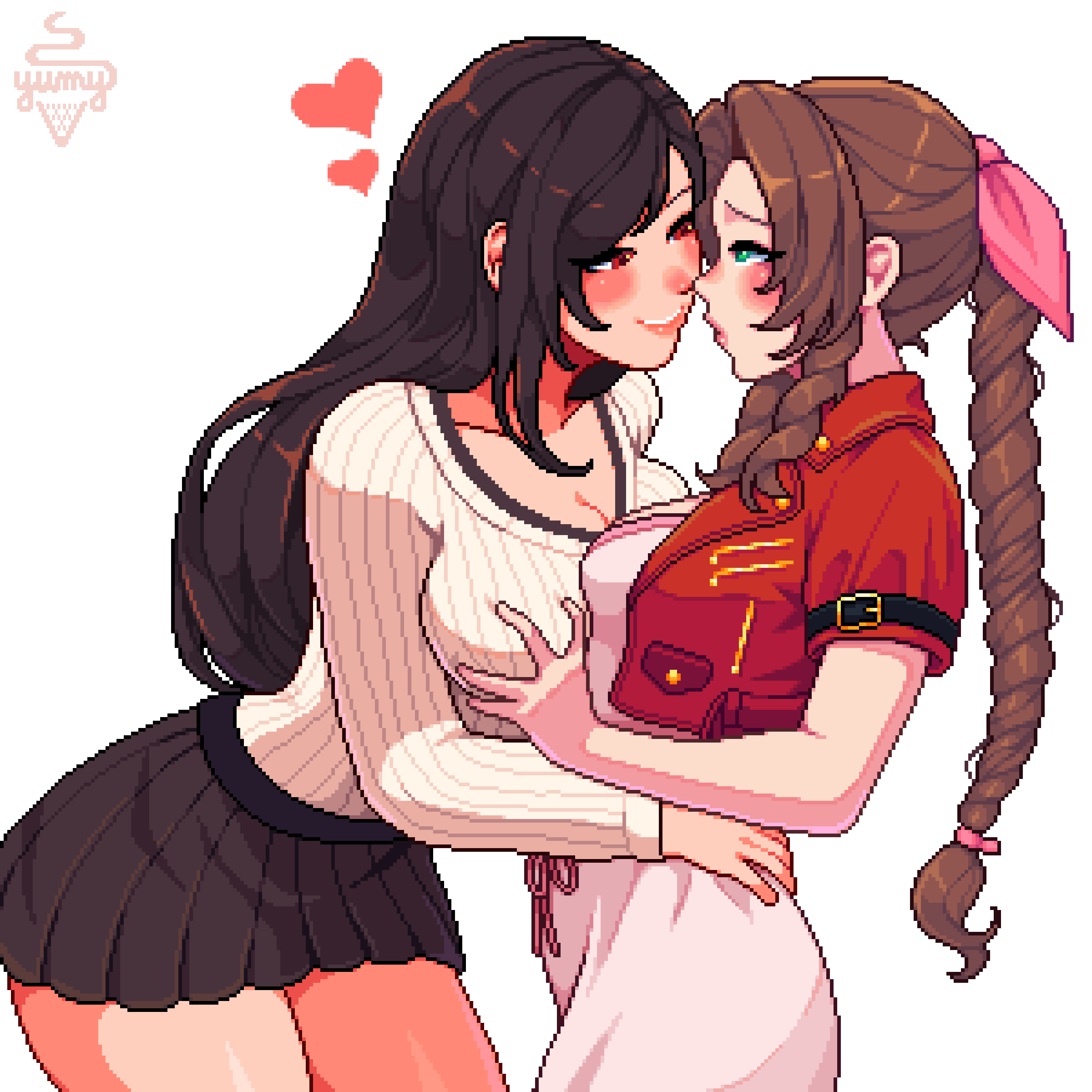 yumykon, aerith gainsborough, tifa lockhart, final fantasy, final fantasy vii, absurdres, highres, 2girls, black hair, black skirt, blush, braid, braided ponytail, breasts, brown hair, cleavage, dress, eye contact, grabbing another's breast, green eyes, groping, heart, imminent kiss, jacket, long hair, looking at another, multiple girls, pink dress, red eyes, red jacket, skirt, smile, sweater, yuri
