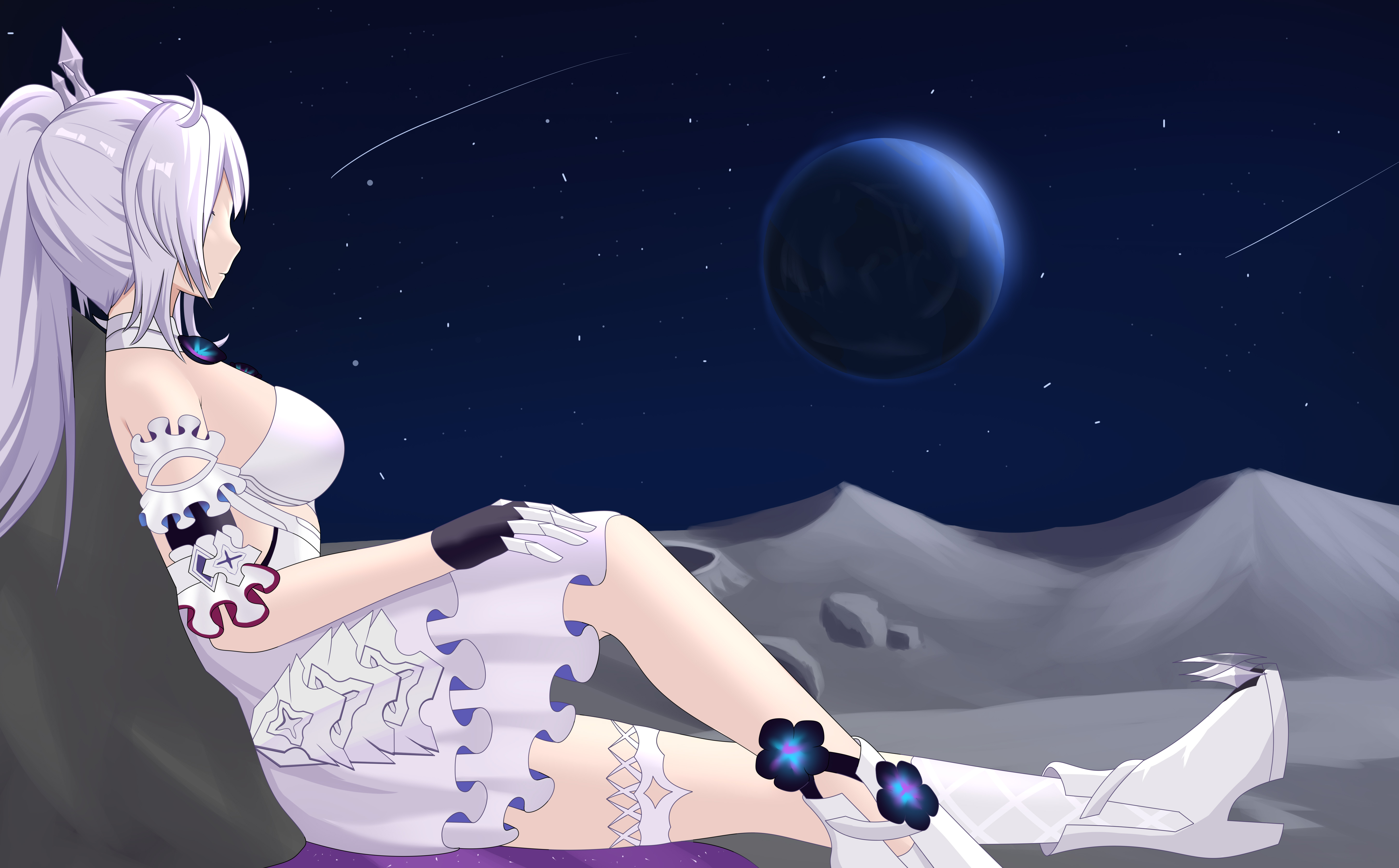 shuaishousha, kiana kaslana, kiana kaslana (herrscher of finality), honkai (series), honkai impact 3rd, absurdres, chinese commentary, commentary request, highres, 1girl, boots, breasts, dress, high heel boots, high heels, long hair, medium breasts, on moon, planet, shooting star, sitting, sky, solo, star (sky), starry sky, white dress, white hair