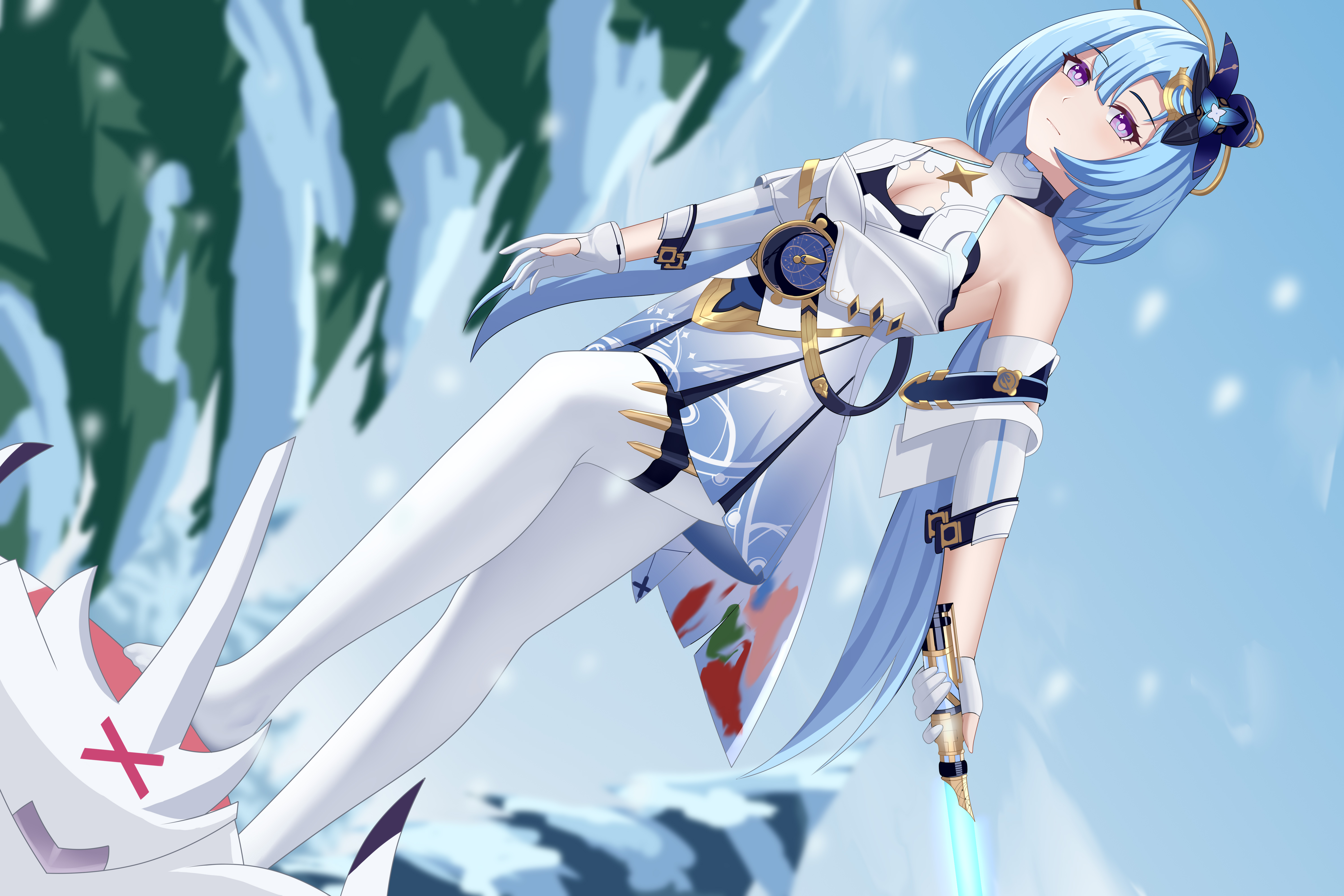 shuaishousha, griseo, griseo (cosmic expression), honkai (series), honkai impact 3rd, absurdres, chinese commentary, commentary request, highres, 1girl, blue hair, blue sky, breasts, cleavage cutout, clothing cutout, dress, energy sword, flower, hair flower, hair ornament, holding, large breasts, lightsaber, long hair, monster, no shoes, outdoors, pantyhose, purple eyes, sky, snow, snowing, sword, tree, very long hair, weapon, white dress, white pantyhose