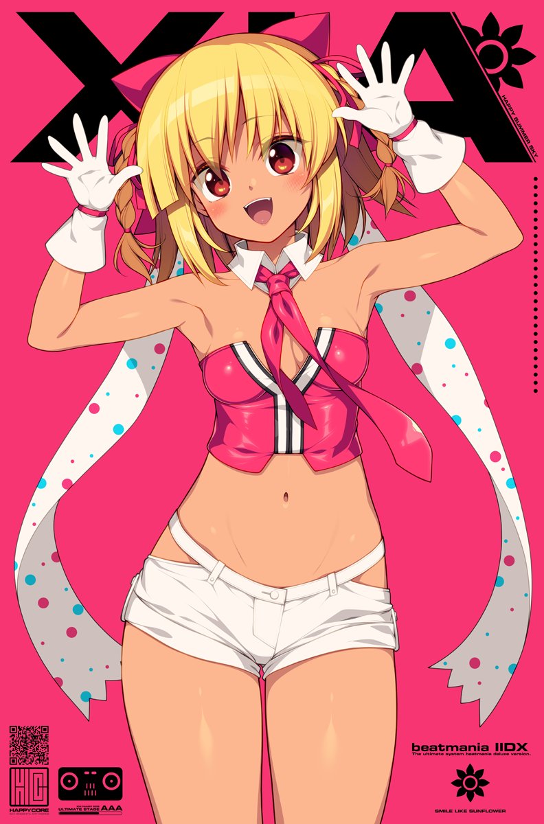 kinoshita ichi, xiatian (beatmania), beatmania iidx, bemani, highres, 1girl, armpits, arms up, blonde hair, breasts, character name, copyright name, gloves, looking at viewer, navel, necktie, pink necktie, qr code, red eyes, short hair, short shorts, shorts, small breasts, smile, solo, white gloves, white shorts