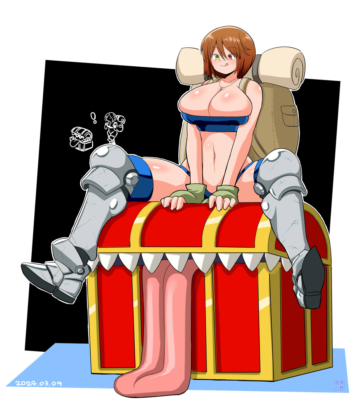 itini-sanshi, mimic chest, souseiseki, rozen maiden, commentary request, highres, 1girl, :q, alternate breast size (larger), armored boots, backpack, bag, bikini, blue bikini, blue thighhighs, blush, boots, breasts, brown hair, cleavage, closed mouth, dated, full body, green eyes, heterochromia, large breasts, mimic, navel, red eyes, short hair, sitting, smile, solo, swimsuit, thighhighs, tongue, tongue out, treasure chest