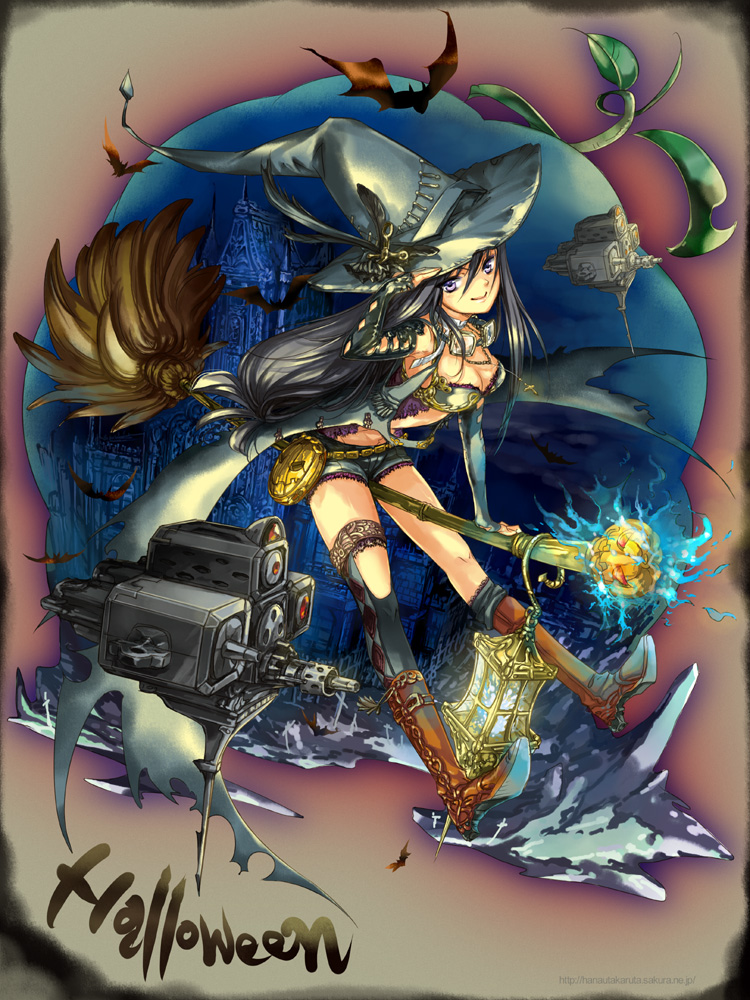 kan satomi, original, bat (animal), black hair, boots, broom, broom riding, halloween, hat, purple eyes, solo, witch, witch hat