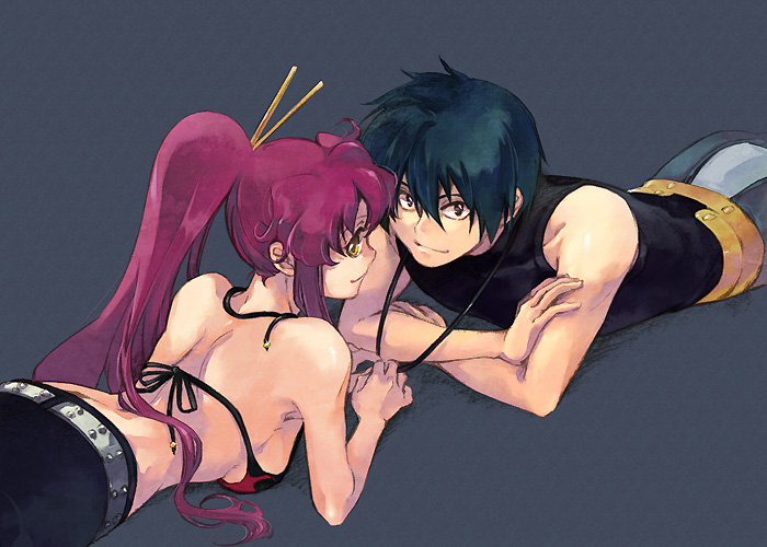 akutsu (yuumi), simon (ttgl), yoko littner, tengen toppa gurren lagann, 00s, 1boy, 1girl, bikini, bikini top only, long hair, ponytail, red hair, swimsuit, yellow eyes
