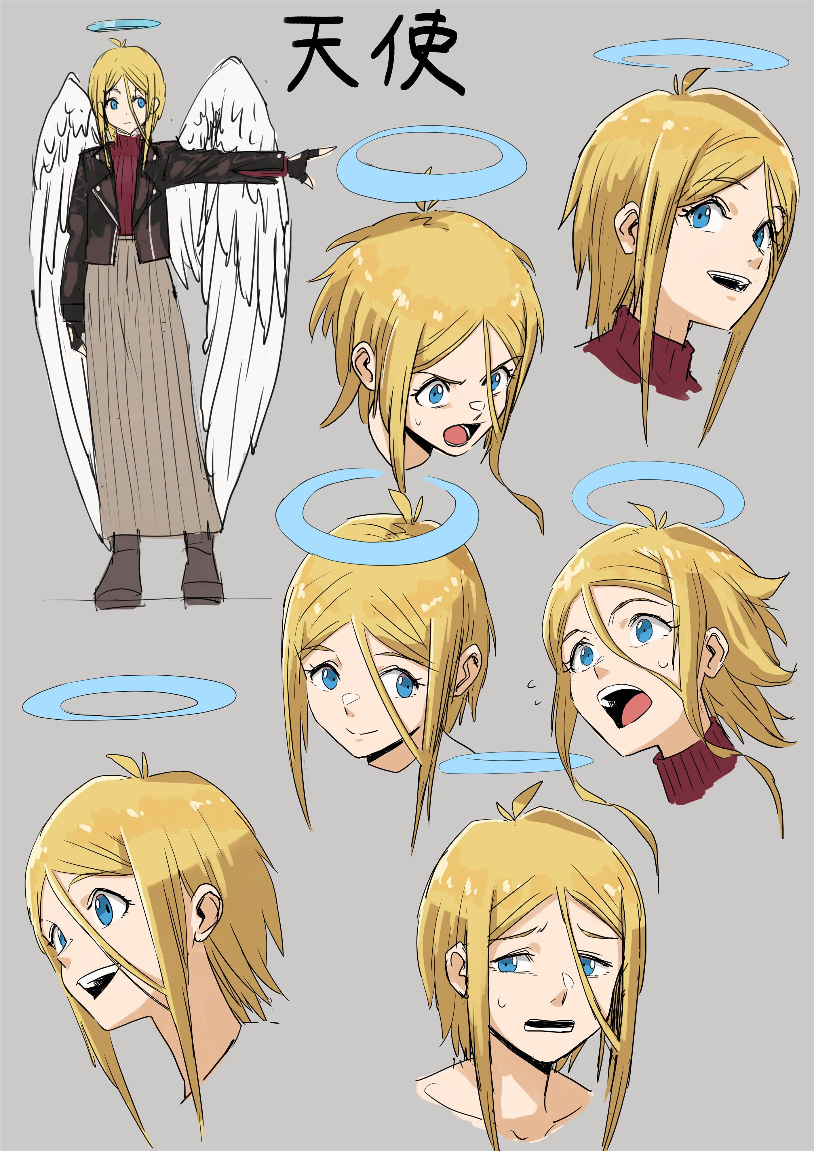 iroiro yaru hito, original, absurdres, highres, 1girl, angel wings, black gloves, black jacket, blonde hair, blue eyes, gloves, grey background, grey skirt, hair between eyes, halo, jacket, long bangs, long hair, long skirt, long sleeves, multiple expressions, multiple views, open mouth, outstretched arm, skirt, wings