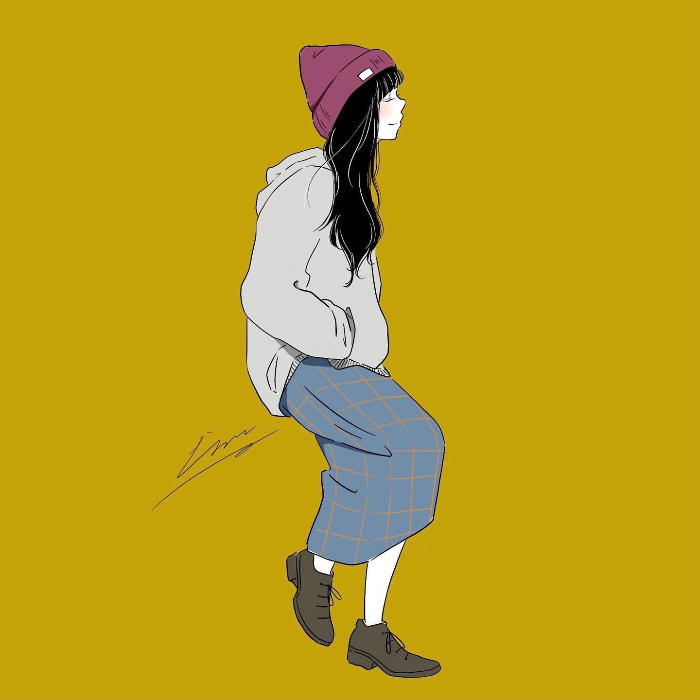 lisa (illustsan430), original, commentary request, highres, 1girl, artist name, beanie, black hair, blue skirt, blush, brown shoes, closed eyes, closed mouth, from side, full body, grid print, hair over shoulder, hands in pocket, hat, hood, hood down, hooded sweater, invisible chair, long hair, long skirt, long sleeves, low block heels, profile, purple hat, shoes, signature, simple background, sitting, skirt, smile, solo, sweater, white sweater, yellow background