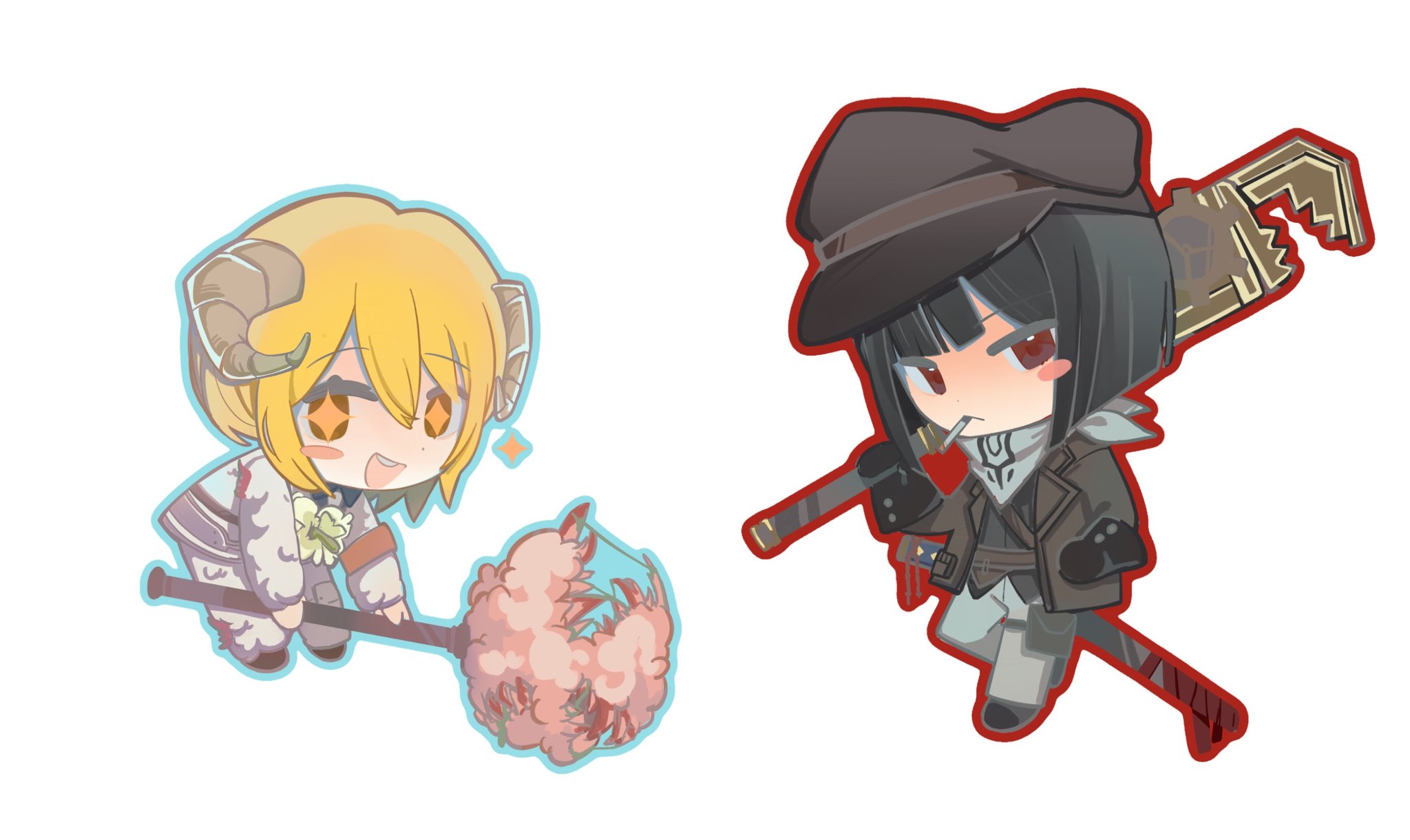 don quixote (project moon), ryoshu (project moon), limbus company, project moon, highres, + +, 2girls, :d, bandana, black gloves, black hair, black shoes, black vest, blonde hair, blush stickers, brown jacket, chibi, cigarette, e.g.o (project moon), full body, fur pants, gloves, holding, holding weapon, horns, jacket, lantern (e.g.o), lobotomy corporation (identity) (project moon), long sleeves, looking at viewer, multiple girls, open mouth, pants, red eyes, sheep horns, shirt, shoes, short hair, simple background, single blush sticker, smile, smoking, standing, vest, vgh3pncsgb22169, weapon, white background, white bandana, white pants, white shirt, wool, yurodiviye (identity) (project moon)