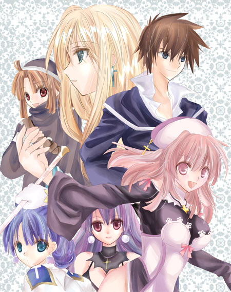 alouette (la pucelle), croix raoul, culotte, dark eclair, eclair (la pucelle), prier, la pucelle, nippon ichi, 1boy, 5girls, :d, blonde hair, blush, breasts, brown hair, cleavage, detached collar, green eyes, hat, looking at viewer, medium breasts, multiple girls, open mouth, pink eyes, pink hair, profile, purple hair, red eyes, small breasts, smile