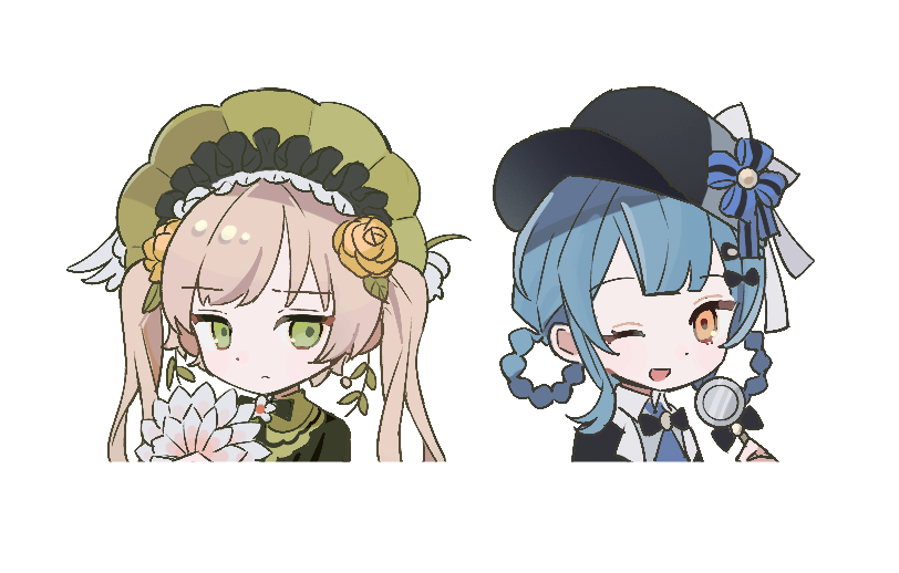 tachibana sherry, toono hanna, mahou shoujo no majo saiban, chinese commentary, commentary request, 2girls, blonde hair, blue hair, bonnet, braid, braided hair rings, chibi, chibi only, cropped torso, deerstalker, flower, green eyes, hair rings, hat, holding, holding magnifying glass, lolita fashion, long hair, looking at viewer, magical girl, magnifying glass, man yue mei migong, multiple girls, one eye closed, open mouth, rose, short hair, simple background, smile, twintails, upper body, white background, yellow flower, yellow rose