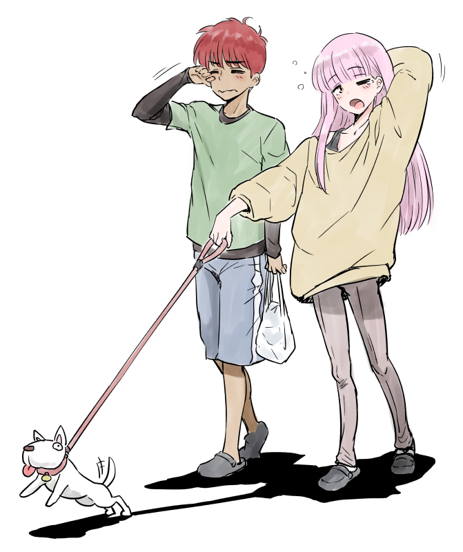 henriiku (ahemaru), hasukawa kazuya, kisaragi shun, koko wa greenwood, commentary request, 2boys, bag, blue shorts, crocs, full body, green shirt, grey leggings, holding, holding bag, holding leash, leash, leggings, long hair, multiple boys, pet walking, pink hair, red hair, rubbing eyes, shirt, short hair, shorts, simple background, squeans, sweater, trap, very long hair, walking, white background, white dog