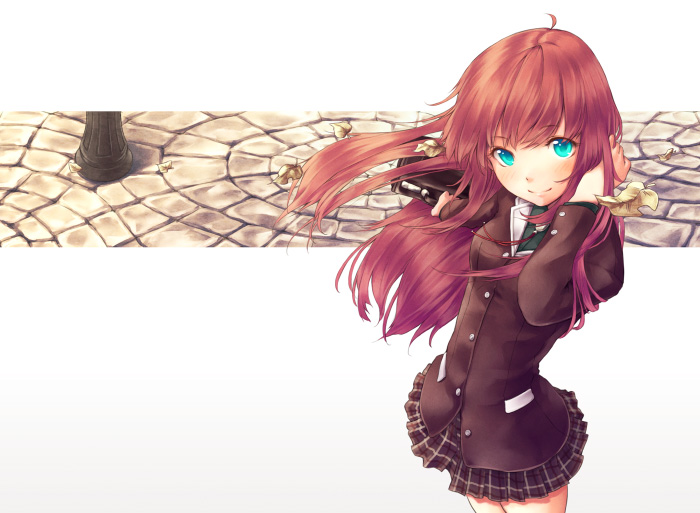 tokunou shoutarou, lulu (komorebi no kuni), lulu (shoutarou), komorebi no kuni, original, bag, blue eyes, leaf, long hair, red hair, satchel, school bag, school uniform, serafuku, solo, wind