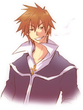 tsuyuka (sunny spot), croix raoul, la pucelle, nippon ichi, lowres, brown eyes, brown hair, cigarette, cross, jewelry, male focus, necklace, smoking, solo