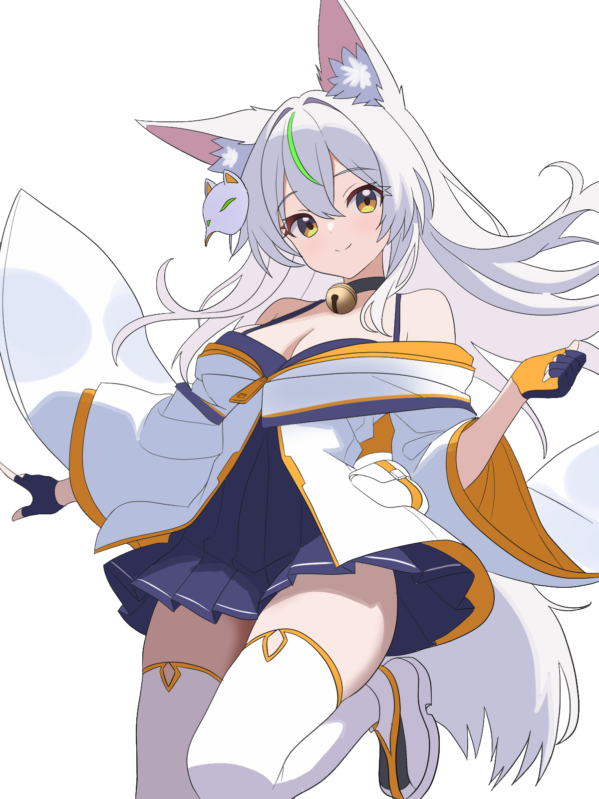 shibito (shibito0000), original, highres, 1girl, animal ear fluff, animal ears, bell, breasts, choker, cleavage, fingerless gloves, fox ears, fox girl, fox mask, fox tail, gloves, hair between eyes, halterneck, high-waist skirt, knee up, large breasts, long hair, looking at viewer, mask, off-shoulder jacket, off shoulder, orange eyes, pleated skirt, sidelocks, simple background, skirt, smile, solo, standing, standing on one leg, tail, thick thighs, thighhighs, thighs, white background, white hair