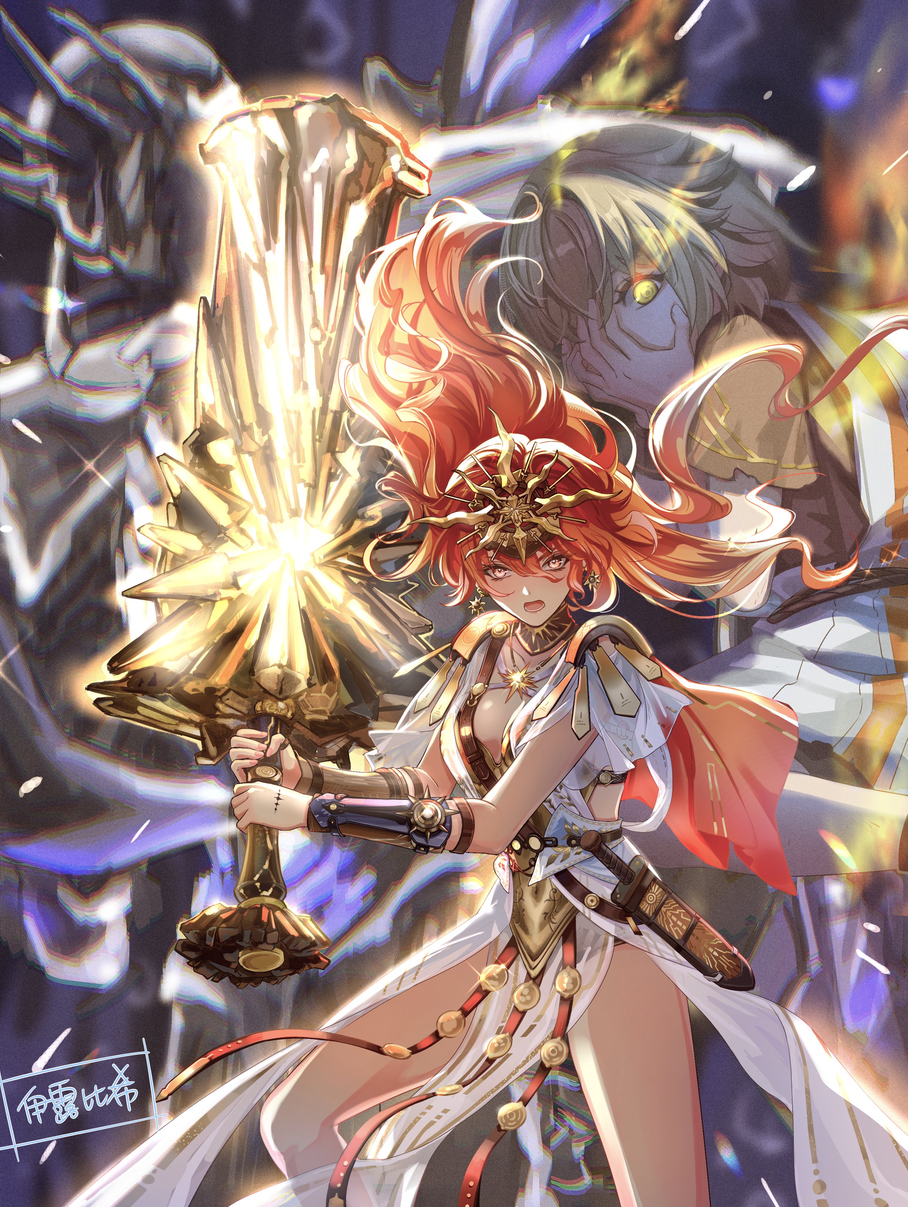 yilubixi, augusta (wuthering waves), wuthering waves, absurdres, chinese commentary, commentary request, highres, 1girl, ancient greek clothes, arm armor, armor, black collar, breastplate, breasts, cleavage, collar, covered navel, earrings, false sovereign (wuthering waves), greatsword, greco-roman clothes, hair between eyes, headgear, holding, holding sword, holding weapon, jewelry, long hair, looking at viewer, medium breasts, open mouth, orange hair, red eyes, sheath, solo, sun earrings, sun necklace, sword, tacet discord (wuthering waves), tacet mark (wuthering waves), weapon