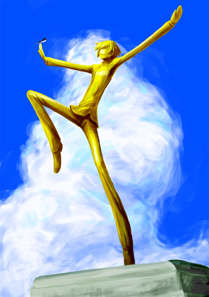 metaseko (kajistyle), yakka, lelouch vi britannia, orobas, code geass, 00s, 1boy, bird, bird on hand, cloud, day, fabulous, male focus, solo, statue